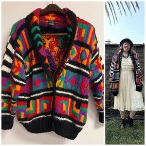 Vintage 90s Bright Print Wool Blend Chunky Oversized Cardigan Sweater Geometric